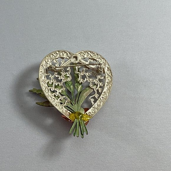 Vintage Open Metal Heart Flower Brooch Pin Pink Purple Cottagecore 2.25" X 1.75" - Picture 2 of 9